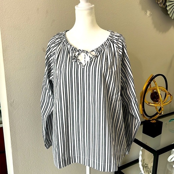 Nine West Stonewash Stripe Woven Tie Neck Top Size M - Picture 1 of 14